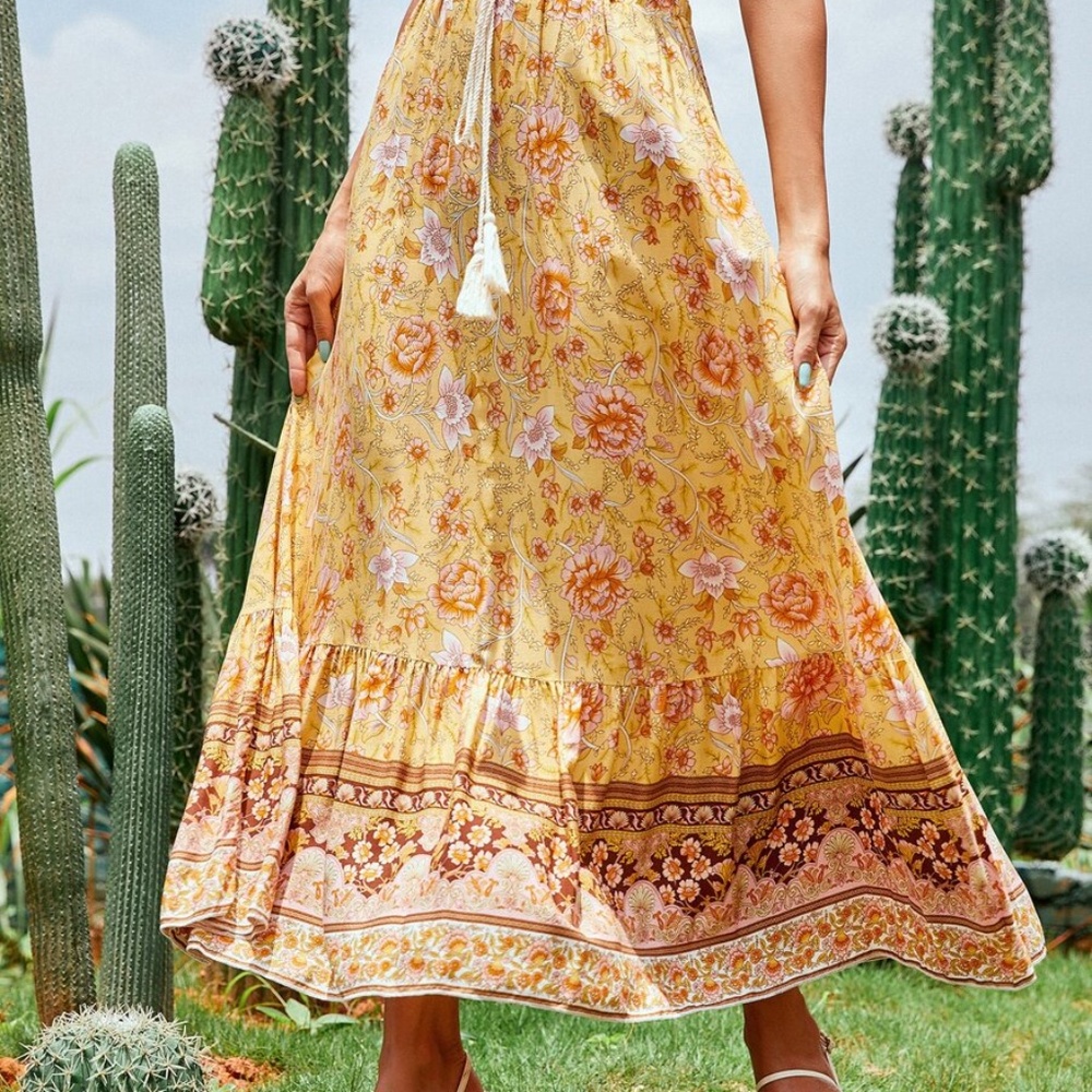 Boho Yellow Floral Tassel Ruffle Maxi Skirt Gypsy - Picture 9 of 15